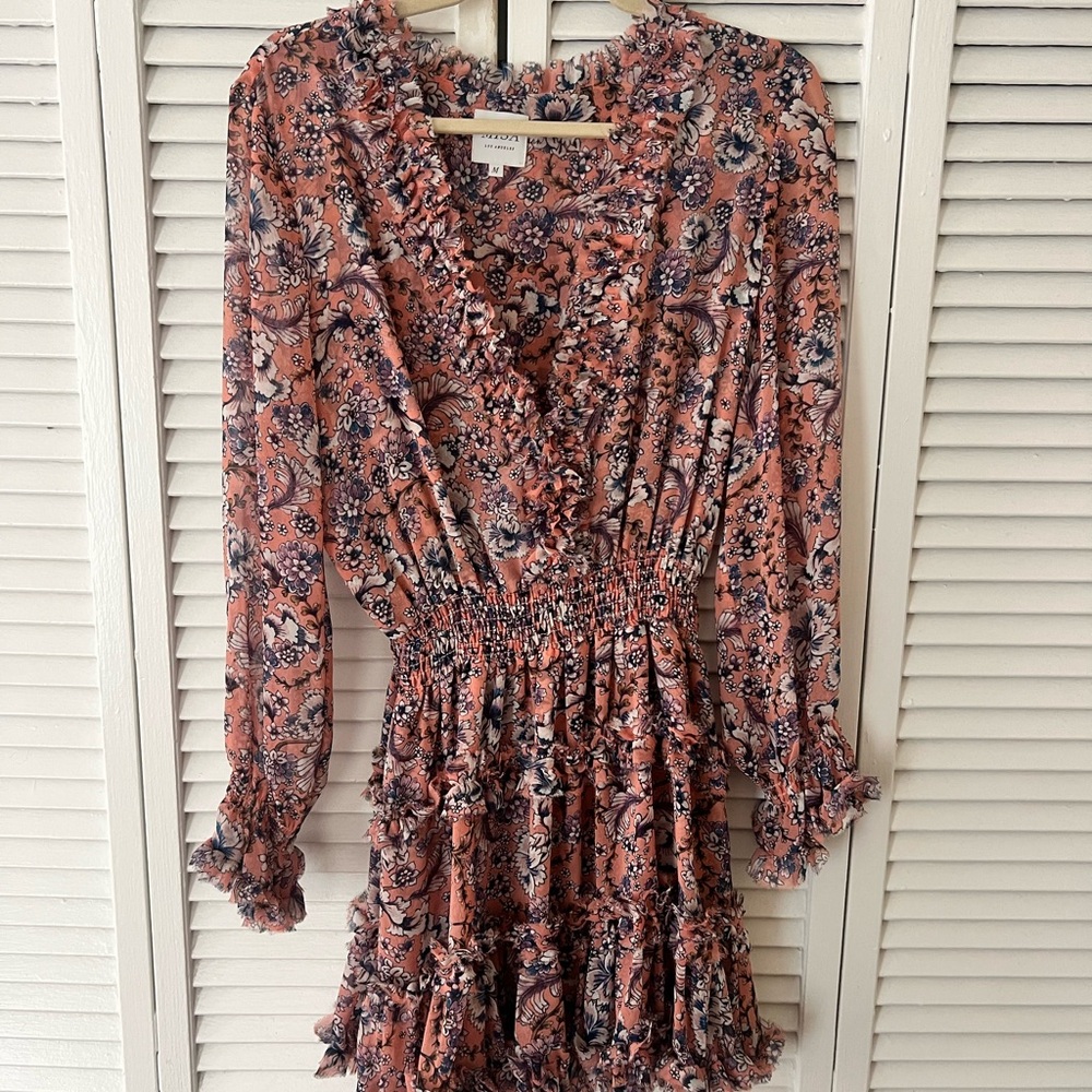 Orange and Brown Ruffled Wrap Sundress with Bishop Sleeves